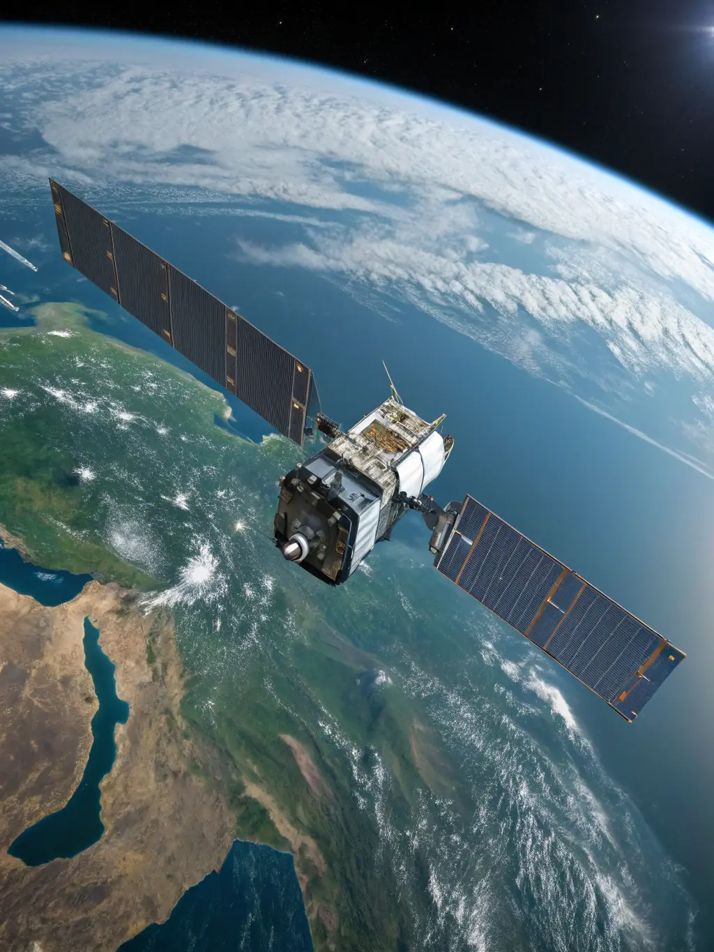 A satellite orbiting Earth, showcasing AetherX's space-based networking capabilities and global reach.