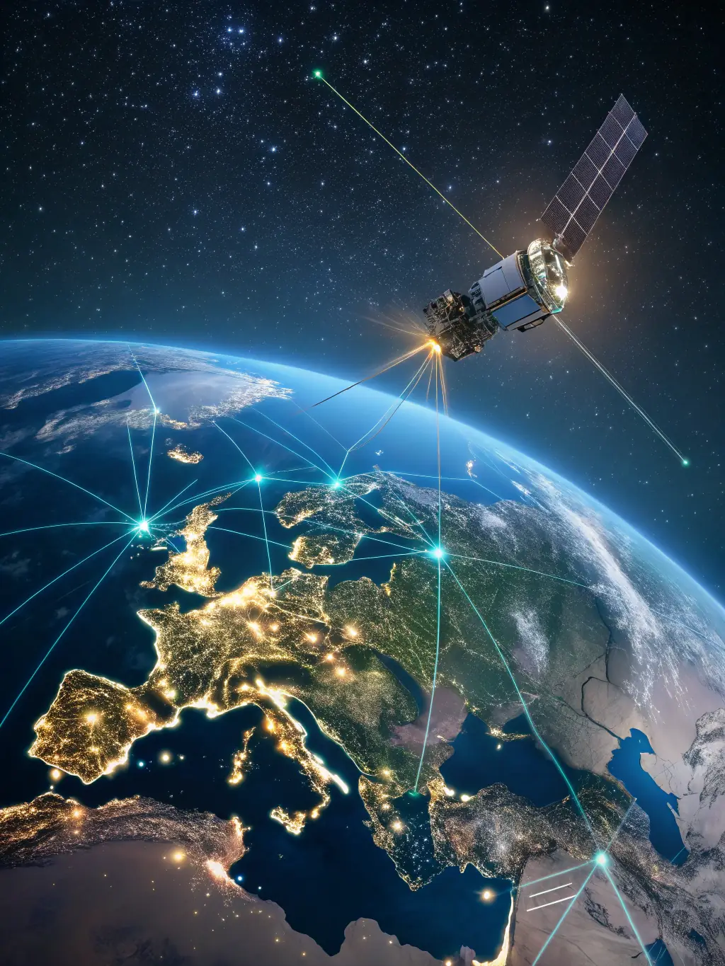 A futuristic satellite orbiting Earth, transmitting data securely with quantum encryption, showcasing AetherX's space-based communication services.