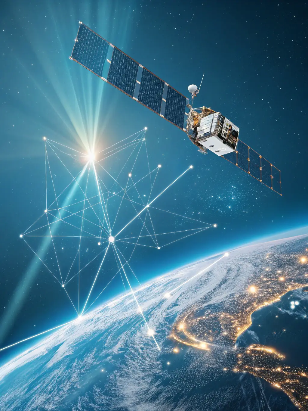 A network of interconnected satellites forming a global communication grid, illustrating AetherX's space-based networking capabilities.