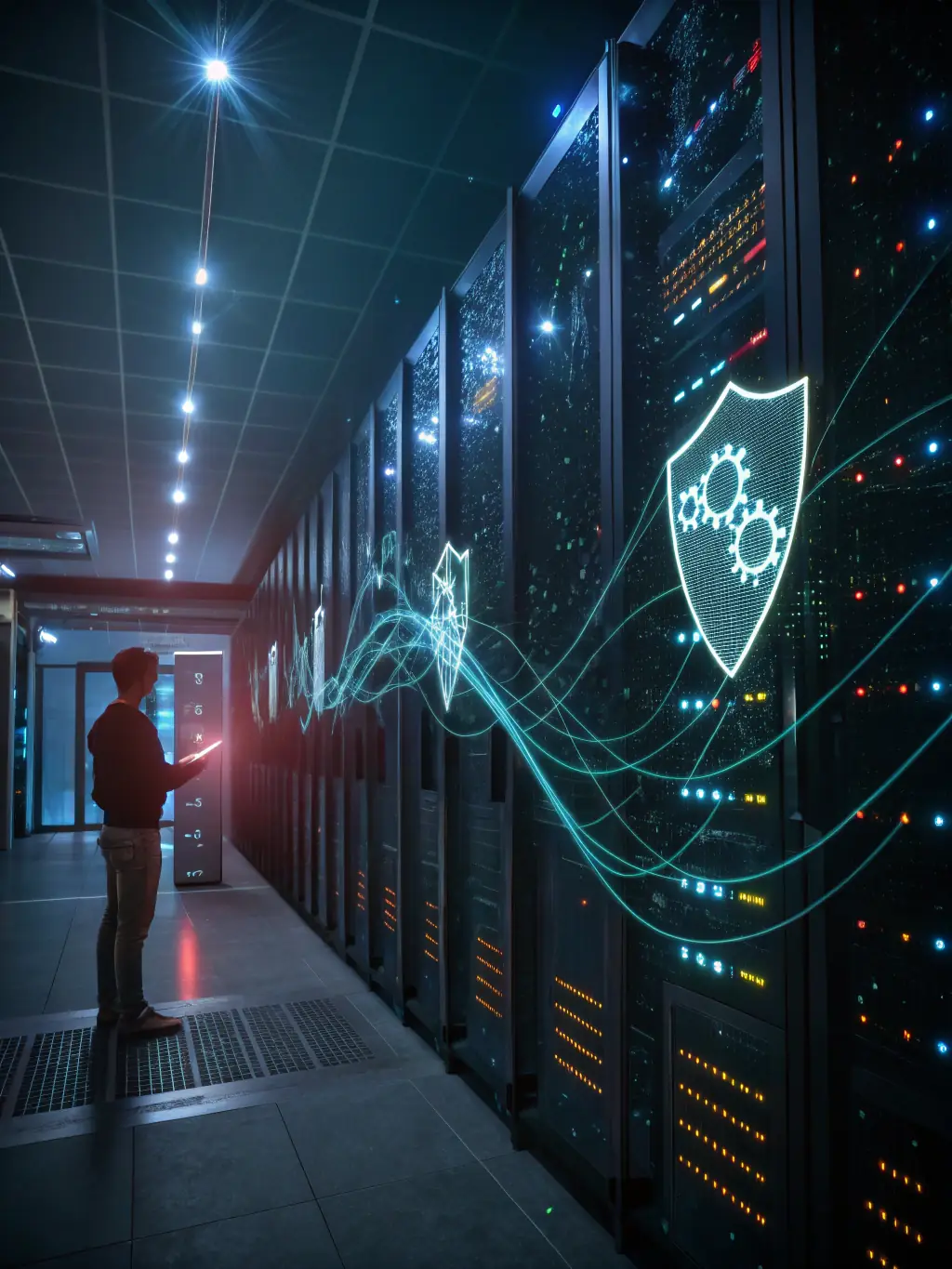 A futuristic illustration depicting data flowing securely through a quantum-encrypted channel, emphasizing the protection against cyber threats.